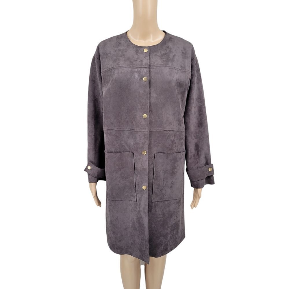 BLVD Dark Gray Poly Sueded Long Line Trench Coat Duster Jacket Snap Closures